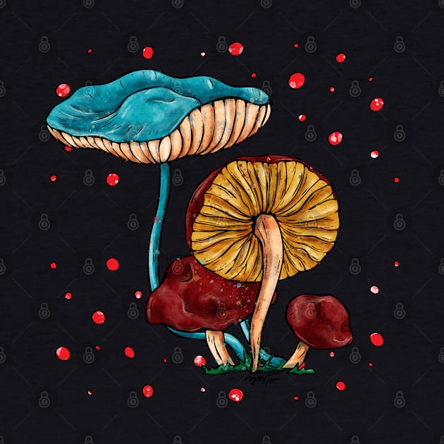 Cartoon mushrooms watercolor, bright psychedelic by NadiaChevrel